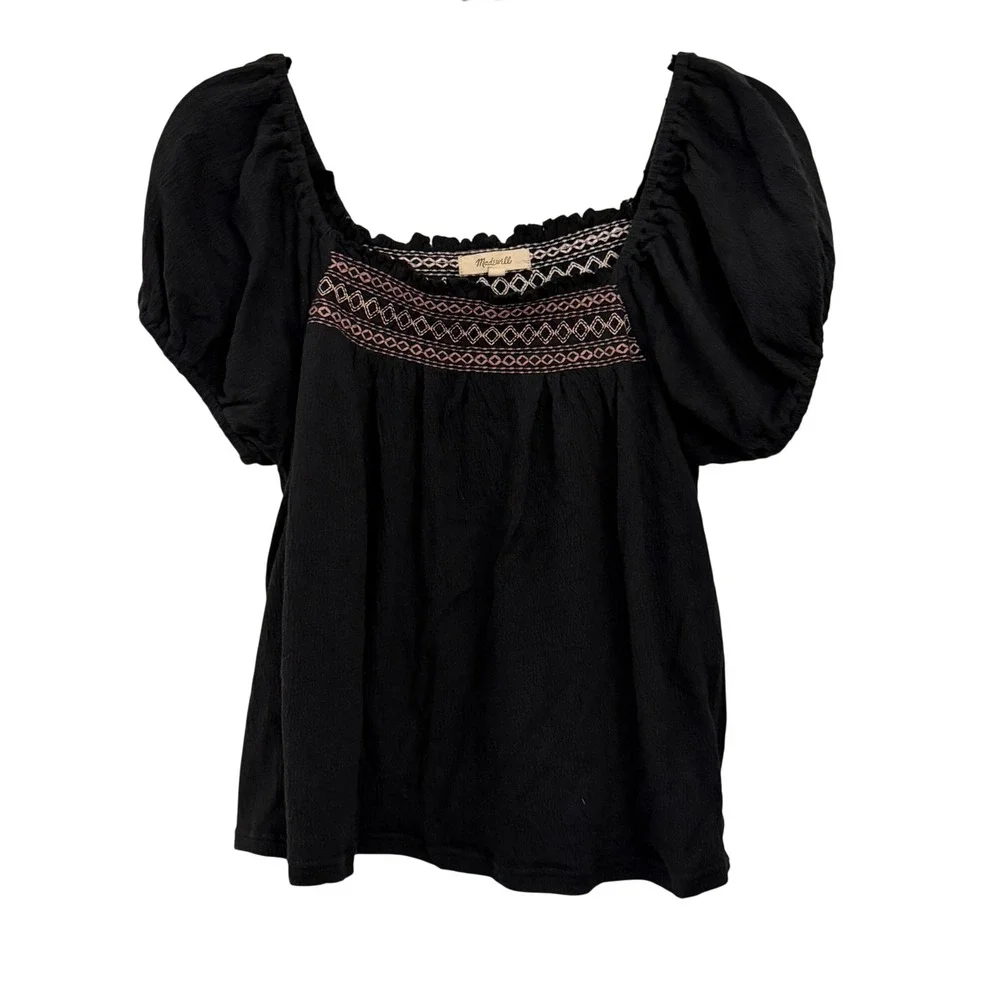 Madewell Embroidered Puff Sleeve Top Womens Medium Black‎ Pink Square Neck